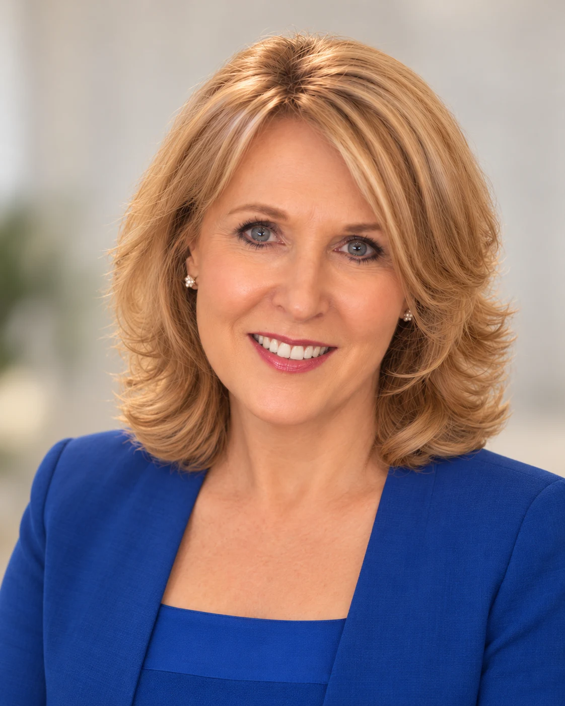 Dr Marcella Finnerty smiling, with shoulder-length blonde hair, wearing a royal-blue jacket